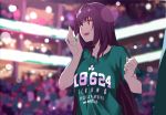  1girl bangs breasts collarbone fate/grand_order fate_(series) green_shirt hair_between_eyes hand_up highres large_breasts long_hair open_mouth purple_hair red_eyes scathach_(fate/grand_order) shijie_jianfa shirt smile solo 