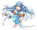  1girl bare_shoulders blue_hair cape dress fire_emblem fire_emblem:_rekka_no_ken fire_emblem_heroes hair_ornament kamu_(kamuuei) long_hair looking_at_viewer mamkute ninian red_eyes smile solo stone 