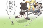  3girls animal_ears bear_ears bear_tail bike_shorts brown_bear_(kemono_friends) chibi dog_ears elbow_gloves gloves golden_snub-nosed_monkey_(kemono_friends) kemono_friends kemono_friends_pavilion long_hair marker monkey_ears monkey_tail multicolored_hair multiple_girls ponytail shirt short_hair skirt tail tanaka_kusao thigh-highs translation_request whiteboard 