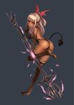  1girl ass blush breasts dark_skin highres hrtyuk long_hair looking_at_viewer original pointy_ears polearm ribbon sideboob solo tail trident weapon white_hair yellow_eyes 