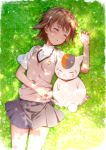  1girl :3 :o arm_up artist_name bangs brown_hair commentary_request crossover dappled_sunlight emblem eyebrows_visible_through_hair flower grass grey_skirt hair_between_eyes hair_flower hair_ornament hand_on_own_stomach lying madara_(natsume_yuujinchou) miniskirt misaka_mikoto natsume_yuujinchou on_back on_grass on_ground outdoors parted_lips paws pleated_skirt puma_(hyuma1219) revision school_uniform short_hair short_sleeves skirt sleeping sunlight sweater_vest to_aru_kagaku_no_railgun to_aru_majutsu_no_index tokiwadai_school_uniform 