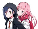  2girls artist_name black_hoodie blue_eyes blue_hair collared_shirt darling_in_the_franxx drawstring green_eyes hair_ornament hairclip hand_on_another&#039;s_shoulder hood hood_up horns ichigo_(darling_in_the_franxx) long_hair long_sleeves multiple_girls necktie no_hairband pink_hair quiss red_scarf scarf shirt short_hair simple_background striped_neckwear tareme tsurime upper_body white_background white_coat white_shirt wing_collar zero_two_(darling_in_the_franxx) 