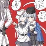  3girls belt black_gloves black_skirt blue_eyes blue_shawl comic cosplay dress eyebrows_visible_through_hair gangut_(kantai_collection) gloves grey_hair hair_between_eyes hat hibiki_(kantai_collection) kantai_collection kasumi_(doa) kasumi_(kantai_collection) long_hair long_sleeves looking_at_viewer mayura2002 military military_hat military_jacket military_uniform miniskirt multiple_girls papakha peaked_cap ponytail red_background red_eyes sailor_collar sailor_dress sailor_hat school_uniform shawl shirt short_dress silver_hair skirt star tashkent_(kantai_collection) tashkent_(kantai_collection)_(cosplay) translation_request uniform verniy_(kantai_collection) white_shirt 