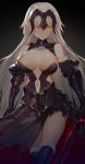  1girl absurdres armor armored_dress bangs black_dress breasts dress fate/grand_order fate_(series) faulds fur_trim headpiece highres holding holding_sword holding_weapon horz jeanne_d&#039;arc_(alter)_(fate) jeanne_d&#039;arc_(fate)_(all) large_breasts long_hair looking_at_viewer parted_lips silver_hair solo sword thigh-highs thighs tsurime vambraces weapon white_legwear yellow_eyes 