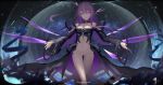  1girl bare_shoulders breasts choker cleavage commentary_request crotch_plate dress gluteal_fold highres long_hair looking_at_viewer medium_breasts open_mouth original purple_hair revealing_clothes side_ponytail solo strapless strapless_dress violet_eyes walking wangchuan_de_quanyan wide_sleeves 