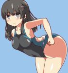  1girl bent_over black_hair black_swimsuit blue_background competition_swimsuit cowboy_shot grey_eyes hair_ornament hairclip kantai_collection long_hair looking_at_viewer one-piece_swimsuit oyashio_(kantai_collection) simple_background solo standing swimsuit wahiko_(black_bastard) 