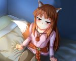  1girl animal_ears bed belt blanket brown_hair brown_pants collarbone commentary_request eyebrows_visible_through_hair holo long_hair on_bed pants pillow pouch red_eyes shingen_(tudakaayato) shirt sitting sitting_on_bed solo spice_and_wolf tail wolf_ears wolf_tail 