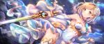  1girl absurdres armpits bangs bare_shoulders blonde_hair blush breasts brown_eyes cleavage commentary_request detached_sleeves djeeta_(granblue_fantasy) dress eyebrows_visible_through_hair flower granblue_fantasy hair_flower hair_ornament highres holding holding_sword holding_weapon light_brown_hair long_sleeves looking_at_viewer medium_breasts parted_lips rose short_hair skirt_hold solo strapless strapless_dress sword the_glory thigh-highs toki_(toki_ship8) weapon white_dress white_flower white_legwear white_rose 