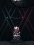  1girl artist_name book chains darling_in_the_franxx expressionless grid hair_between_eyes highres horns lattice long_hair reading red_skin reichiou sitting solo wide_sleeves zero_two_(darling_in_the_franxx) 