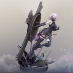  1girl 3d armor armored_boots armored_dress bare_shoulders black_armor boots breasts fate/grand_order fate_(series) gauntlets greaves hair_over_one_eye high_heels highres leslyzerosix mash_kyrielight medium_breasts purple_hair sheath sheathed shield short_hair solo sword violet_eyes weapon 