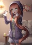 1girl :d asymmetrical_hair black_hair bow brown_hair cellphone character_name closed_eyes couch cowboy_shot doki_doki_literature_club earphones eyebrows_visible_through_hair green_eyes grey_jacket grey_shorts hair_bow hair_ribbon highres holding holding_phone hood hooded_jacket indoors jacket long_hair monika_(doki_doki_literature_club) natsuki_(doki_doki_literature_club) one_eye_closed open_clothes open_jacket open_mouth phone pink_hair ponytail red_ribbon ribbon sasoura sayori_(doki_doki_literature_club) shirt short_shorts shorts smartphone smile standing twintails unzipped v very_long_hair white_bow yuri_(doki_doki_literature_club) 