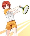  1girl anibache baby_steps bangs commentary_request holding looking_to_the_side open_mouth orange_shorts racket red_eyes redhead shimizu_aki_(baby_steps) shirt short_hair short_sleeves shorts solo sportswear standing sweat swinging tennis_racket tennis_uniform white_shirt 