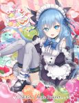  1girl :d ange_vierge animal_ears black_footwear blue_bow blue_eyes blue_hair bow candy cat_ears cat_tail chocolate_bar dessert food fruit gloves grey_legwear hands_up ice_cream long_hair looking_at_viewer macaron maid official_art omega_47_toto open_mouth plate shamonor smile solo strawberry striped striped_background sweets tail thigh-highs watermark 