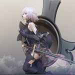  1girl 3d armor armored_boots armored_dress bare_shoulders black_armor boots breasts fate/grand_order fate_(series) gauntlets greaves hair_over_one_eye high_heels highres leslyzerosix mash_kyrielight medium_breasts purple_hair sheath sheathed shield short_hair solo sword violet_eyes weapon 