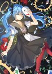  1girl black_footwear black_ribbon blue_eyes blue_hair choker collarbone dress eyebrows_visible_through_hair floating_hair flower hair_between_eyes hair_ribbon hatsune_miku holding holding_mask hoshi_lingdang long_hair mask parted_lips red_flower red_legwear ribbon solo twintails vocaloid 