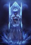  1girl anastasia_(fate/grand_order) bangs blue_eyes cape commentary_request crown crystal doll dress fate/grand_order fate_(series) full_body hair_over_one_eye hairband highres holding holding_doll ice long_dress long_hair looking_at_viewer mini_crown one_eye_covered reluvy royal_robe serious silver_hair sitting solo throne twitter_username 