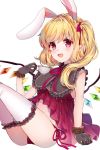  1girl :d animal_ears babydoll black_gloves blonde_hair center_opening collar commentary_request cup eyebrows_visible_through_hair eyes_visible_through_hair fake_animal_ears feet_out_of_frame flandre_scarlet frilled_collar frilled_gloves frilled_legwear frills gem gloves high_collar holding holding_cup kawachi_rin light_blush looking_at_viewer midriff_peek neck_ribbon open_mouth panties pointy_ears rabbit_ears red_babydoll red_eyes red_neckwear red_panties ribbon shiny shiny_hair short_hair side-tie_panties side_ponytail simple_background sitting smile solo teacup thigh-highs tongue touhou underwear white_background white_legwear wings 