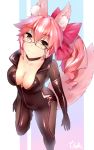  1girl animal_ears bow breasts choker cleavage collarbone commentary_request eyebrows_visible_through_hair fate/grand_order fate_(series) fox_ears fox_tail glasses hair_bow large_breasts long_hair looking_at_viewer mochigome_(fatelly) pink_hair skin_tight solo tail tamamo_(assassin)_(fate) tamamo_(fate)_(all) tamamo_no_mae_(fate) very_long_hair yellow_eyes 