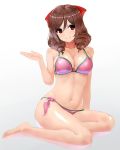  1girl barefoot bikini bow breasts brown_hair drill_hair full_body gradient gradient_background hair_bow harukaze_(kantai_collection) kantai_collection looking_at_viewer medium_breasts miyako_(miyako_lplover) navel pink_bikini red_bow red_eyes side-tie_bikini sitting smile solo swimsuit twin_drills white_background yokozuwari 