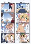  1girl 4koma animal_ears beach blonde_hair comic crop_top cyberconnect2_(choujigen_game_neptune) goggles green_eyes hat highres midriff navel neptune_(series) open_mouth short_hair smile solo tail translation_request 
