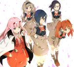  5girls :o ahoge bangs black_hair black_legwear blue_eyes blue_hair breasts brown_hair closed_mouth darling_in_the_franxx domo1220 dress eyebrows_visible_through_hair glasses green_eyes grey_dress hair_between_eyes hands_in_pockets ichigo_(darling_in_the_franxx) ikuno_(darling_in_the_franxx) jacket jacket_on_shoulders kneehighs kokoro_(darling_in_the_franxx) long_hair long_sleeves medium_breasts miku_(darling_in_the_franxx) multiple_girls necktie orange_neckwear parted_lips pink_hair red_dress short_necktie simple_background smile standing twintails very_long_hair white_background white_jacket zero_two_(darling_in_the_franxx) 