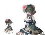  1girl aki_no_jikan arms_at_sides breasts brown_hair detached_sleeves dress flower frilled_dress frills green_eyes hair_over_one_eye hat hat_flower high_ponytail looking_at_viewer maru-kichi medium_hair multiple_views official_art standing watermark 