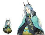  :d aki_no_jikan androgynous arms_at_sides blue_cape cape facing_viewer fur_trim grey_hair horns japanese_clothes long_hair maru-kichi multiple_views official_art open_mouth smile standing very_long_hair watermark wide_sleeves 