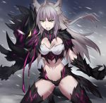  1girl animal_ears atalanta_(alter)_(fate) black_footwear black_gloves black_panties boots breasts cleavage clenched_teeth fate/grand_order fate_(series) floating_hair gloves green_eyes hair_between_eyes highres long_hair medium_breasts midriff navel outdoors panties ryairyai silver_hair snowing solo stomach teeth thigh-highs thigh_boots underwear yellow_eyes 