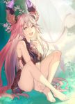  1girl aile/koushi bangs between_legs breasts draph eyebrows_visible_through_hair feet granblue_fantasy grey_hair hair_between_eyes hand_between_legs horns large_breasts legs long_hair looking_at_viewer looking_to_the_side open_mouth panties red_eyes red_skirt skirt sleeveless smile solo sunlight thalatha_(granblue_fantasy) thighs underwear very_long_hair white_panties 