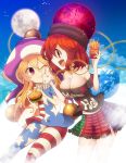  2girls american_flag_dress american_flag_legwear bare_shoulders black_shirt blonde_hair blue_sky breasts chains cleavage clouds clownpiece collar dress earth_(ornament) eating fang food food_on_face french_fries hair_between_eyes hamburger hat heart heart_print hecatia_lapislazuli highres holding holding_food jester_cap kuresento large_breasts miniskirt moon_(ornament) multicolored multicolored_clothes multicolored_skirt multiple_girls neck_ruff off-shoulder_shirt one_eye_closed open_mouth pantyhose polka_dot polos_crown purple_hat red_eyes redhead shirt short_dress skirt sky smile star star_print striped t-shirt touhou towel violet_eyes 