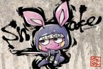  animal_ears artist_name bamboo character_name doubutsu_no_mori furry gloves grey_background hood katana leaf momochi_(doubutsu_no_mori) no_humans rabbit_ears solo sword tsutsuji_(hello_x_2) weapon 