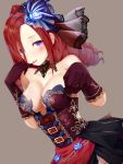  1girl absurdres black_gloves blue_flower breasts choker cleavage drill_hair dutch_angle finger_to_mouth flower gloves grey_background hair_between_eyes hair_flower hair_ornament highres long_hair looking_at_viewer medium_breasts pinky_to_mouth redhead shadowverse shiny shiny_skin simple_background solo strapless tongue tongue_out transparent violet_eyes yamato_(muchuu_paradigm) 