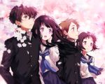  2boys 2girls artist_name black_hair black_sailor_collar black_skirt blue_neckwear brown_eyes brown_hair cherry_blossoms chitanda_eru cowboy_shot fukube_satoshi gakuran green_eyes hyouka ibara_mayaka long_hair mery_(apfl0515) multiple_boys multiple_girls neckerchief open_mouth oreki_houtarou petals pleated_skirt red_eyes sailor_collar school_uniform serafuku short_hair skirt smile upper_teeth violet_eyes 