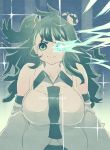  1girl 3: antenna_hair bangs bare_shoulders breasts closed_mouth collarbone collared_shirt detached_sleeves facing_viewer frog_hair_ornament glowing glowing_eye green_eyes green_hair hair_ornament hair_tie highres kochiya_sanae large_breasts long_hair long_sleeves looking_at_viewer nontraditional_miko one_side_up shirt sideboob sleeveless sleeveless_shirt solo text touhou tsuutenkaaku v-shaped_eyebrows white_shirt wide_sleeves 