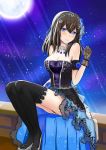  1girl bare_shoulders black_gloves black_hair black_legwear blue_eyes breasts cleavage dress earrings flower full_moon gloves hair_flower hair_ornament hairband head_tilt highres idolmaster idolmaster_cinderella_girls idolmaster_cinderella_girls_starlight_stage jewelry lanceroteroot large_breasts long_hair looking_at_viewer moon necklace night night_sky sagisawa_fumika sitting sky smile solo strapless strapless_dress thigh-highs 