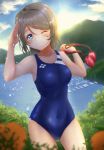  1girl absurdres blue_eyes blue_swimsuit blurry bush competition_swimsuit covered_navel cowboy_shot depth_of_field goggles goggles_removed grey_hair grin gundamzukidayo highres logo looking_at_viewer love_live! love_live!_sunshine!! mountain one-piece_swimsuit salute short_hair smile solo sunrise swimsuit watanabe_you water 