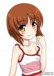  1girl bangs brown_eyes brown_hair camisole child circle closed_mouth collarbone commentary dated eyebrows_visible_through_hair flipper girls_und_panzer looking_at_viewer nishizumi_miho off_shoulder pink_shirt shirt short_hair simple_background smile solo standing strap_slip twitter_username upper_body white_background younger 