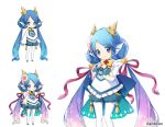  1girl absurdly_long_hair aki_no_jikan arms_at_sides bangs blue_eyes blue_hair bow clenched_hand flower gradient_hair hair_flower hair_ornament head_fins horns long_hair looking_at_viewer maru-kichi multicolored_hair multiple_views official_art pantyhose parted_bangs purple_hair small_hands standing twintails very_long_hair white_legwear yellow_bow 