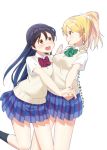  2girls ayase_eli bangs blonde_hair blue_eyes blue_hair blush bow bowtie cowboy_shot eyebrows_visible_through_hair green_neckwear hair_between_eyes hand_holding leg_up long_hair looking_at_another love_live! love_live!_school_idol_project multiple_girls open_mouth otonokizaka_school_uniform ponytail red_neckwear school_uniform scrunchie shirt short_sleeves simple_background skull573 smile sonoda_umi striped_neckwear vest white_background white_shirt yellow_eyes 