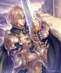  1boy blonde_hair clouds cloudy_sky gauntlets hair_between_eyes highres hisakata_souji holding holding_sword holding_weapon orange_eyes outdoors shadowverse sky snowing solo spaulders standing sword weapon 