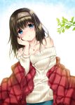  1girl bare_shoulders blue_eyes blush breasts cleavage commentary_request hand_on_own_cheek head_tilt idolmaster idolmaster_cinderella_girls jewelry large_breasts looking_at_viewer medium_hair necklace off-shoulder_sweater p.kibi ribbed_sweater sagisawa_fumika shawl solo sweater 