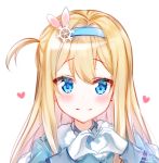  1girl bangs blonde_hair blue_eyes blue_hairband blue_jacket blush closed_mouth commentary eyebrows_visible_through_hair fur-trimmed_jacket fur_trim girls_frontline gloves hair_between_eyes hair_ornament hair_ribbon hairband heart jacket long_hair long_sleeves looking_at_viewer mamel_27 one_side_up pink_ribbon ribbon signature simple_background smile snowflake_hair_ornament solo suomi_kp31_(girls_frontline) very_long_hair white_background white_gloves 