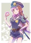  1girl baton belt bitten breasts brown_eyes brown_hair cleavage commentary_request cuffs doughnut food handcuffs hat heterochromia highres iesupa medium_breasts multicolored_hair necktie neo_(rwby) pink_eyes pink_hair police police_badge police_hat police_uniform policewoman rwby shorts solo tonfa uniform weapon 