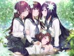  4girls arm_hug arm_support black_hair blurry bokeh braid chitanda_eru depth_of_field eyebrows_visible_through_hair eyes_visible_through_hair flower glasses hair_flower hair_ornament hair_over_one_eye hairband hyouka ibara_mayaka irisu_fuyumi juumonji_kaho long_hair long_sleeves lying mery_(apfl0515) multiple_girls outdoors partially_submerged pleated_skirt school_uniform serafuku short_hair sidelocks single_braid sitting skirt violet_eyes yokozuwari 