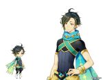  1boy ahoge aki_no_jikan arms_at_sides black_hair blue_scarf bracelet braid brown_eyes hairband hand_on_hip jewelry male_focus maru-kichi multiple_views official_art scarf standing white_footwear 