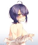  1girl ahoge bare_shoulders blush breasts eyebrows_visible_through_hair eyepatch gradient gradient_background hickey kantai_collection kotobuki_(momoko_factory) large_breasts looking_at_viewer messy_hair no_headwear partially_undressed purple_hair short_hair sideboob solo sweatdrop tenryuu_(kantai_collection) twitter_username yellow_eyes 