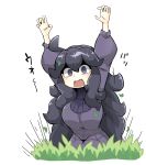  1girl @_@ al_bhed_eyes breasts hairband hex_maniac_(pokemon) highres large_breasts long_hair messy_hair open_mouth pokemon pokemon_(game) pokemon_xy purple_hairband ribbed_sweater solo sweater tazonotanbo 