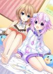  2girls :d bare_legs bare_shoulders barefoot blanc blue_eyes blush book brown_hair choker d-pad d-pad_hair_ornament dogoo feet hair_ornament hat hat_removed headwear_removed holding holding_book hood hooded_jacket indoors jacket leaning_on_person legs legwear_removed looking_at_viewer multiple_girls neptune_(choujigen_game_neptune) neptune_(series) official_art on_bed open_mouth purple_hair short_hair shoulder-to-shoulder sitting sitting_on_bed smile spaghetti_strap striped striped_legwear thigh-highs tsunako violet_eyes 