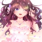  1girl blue_eyes breasts brown_hair cleavage collarbone commentary_request dress earrings eyelashes flower gankake_(misary) hair_flower hair_ornament hair_ribbon ichinose_shiki idolmaster idolmaster_cinderella_girls jewelry lipstick long_hair makeup one_eye_closed petals pink_dress ribbon solo spaghetti_strap wavy_hair 