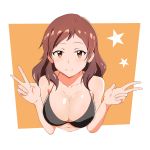  1girl absurdres black_bikini_top blush breasts brown_eyes brown_hair cleavage double_v highres idolmaster idolmaster_million_live! j.roswel kitazawa_shiho large_breasts long_hair looking_at_viewer navel smile solo star v 